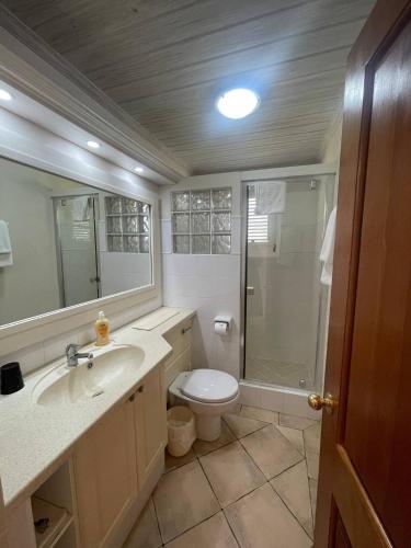 a bathroom with a toilet and a sink and a shower at Kings Beach Village in Saint Peter