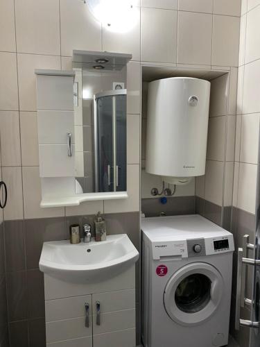 a bathroom with a washing machine and a sink at Lake City Apartment in Struga