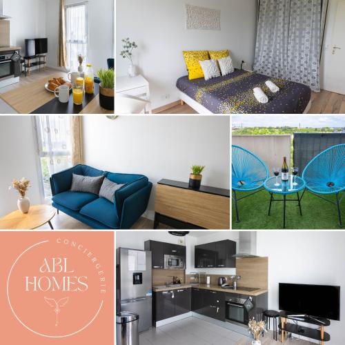 un collage de photos d'une chambre et d'un salon dans l'établissement Le VAL HOME - 20min de PARIS et ORLY - Balcon - WIFI - Espace de travail, à Valenton