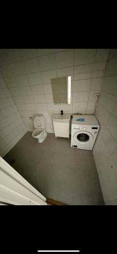 a small bathroom with a toilet and a sink at Nya 1or 2or i centrala Halmstad in Halmstad