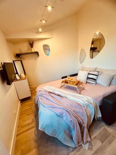 - une chambre avec un grand lit et une table dans l'établissement Le Cosy Du Roi, WIFI,GARE,PARIS, à Versailles