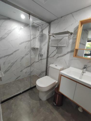 a bathroom with a toilet and a shower and a sink at Residences Florale à Thionville - Coliving - Studios - Appartements in Thionville