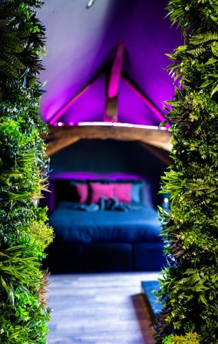 Dormitorio con cama con iluminación púrpura en L'Évasion, Romantisme, volupté & jacuzzi, en Saumur