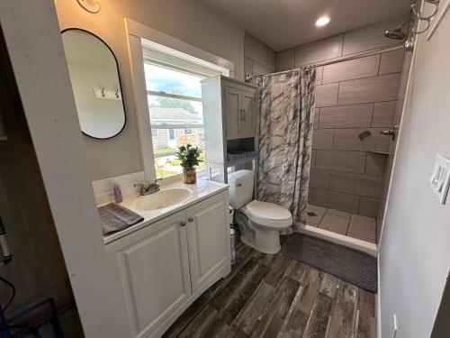 un bagno con lavandino, WC e specchio di 8 cottages on the beach of Lake Huron a Lincoln Junction