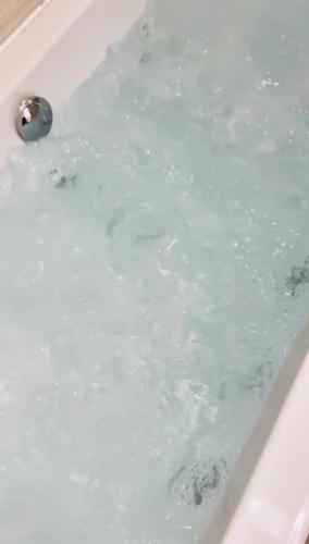 a bath tub filled with blue water with a drain at NOUVEAU Jungle Village WIFI Netflix Clim in Mauguio