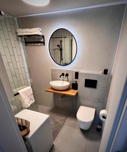 a bathroom with a sink and a mirror at Nova in Nowa Pasłęka