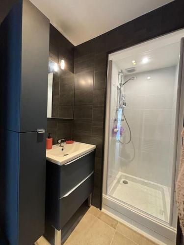 une salle de bain avec une douche et un lavabo et une douche dans l'établissement Cocon Urbain à Saint-Leu-d'Esserent, à Saint-Leu-dʼEsserent