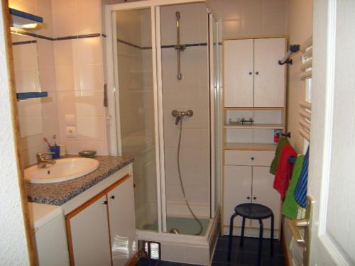 克雷斯特沃朗Appartement 3 pièces, terrasse Sud-Ouest, à 100m des pistes, 6 couchages, village à 500m, garage inclus - FR-1-733-3的浴室配有淋浴和洗手池