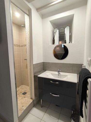 une salle de bain avec un lavabo et une douche dans l'établissement Aux Planches souplex hyper-centre, à Deauville