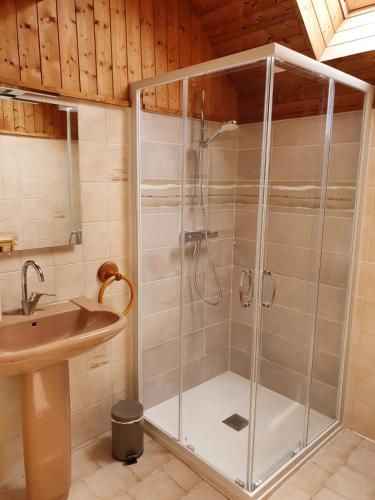 une salle de bain avec douche et lavabo dans l'établissement Jardin clos et calme, vélos à disposition, plages à 2 kms, à Tréffiagat