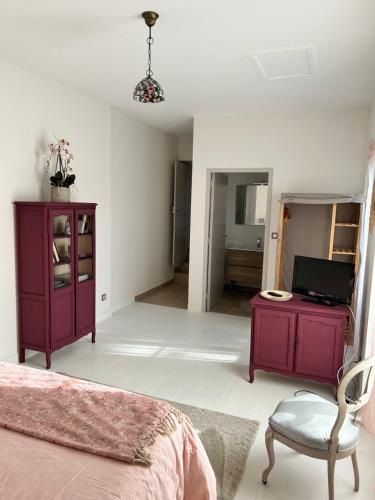 a bedroom with a bed and a tv and a chair at La part des Anges in Fontenet