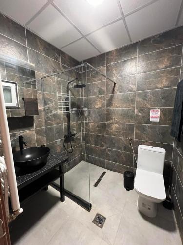 a bathroom with a shower and a toilet and a sink at Edelweiss Villa Trpejca in Ohrid