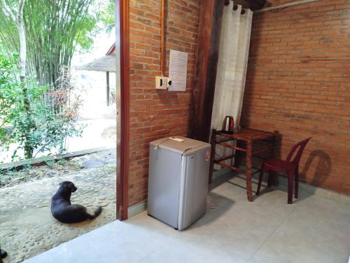 a black dog sitting next to a small refrigerator at Green Hope Lodge in Cat Tien