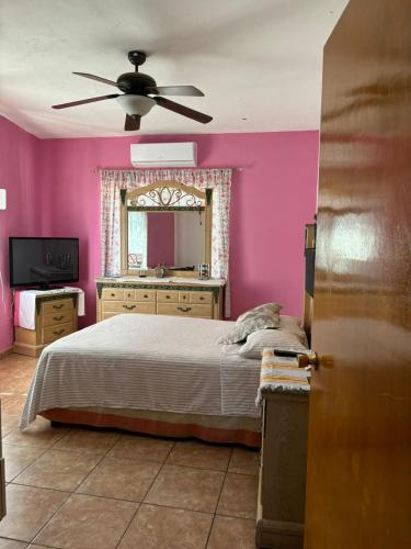 a bedroom with a bed and a ceiling fan at Familia Sosa Suazo in San José del Cabo