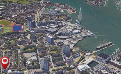 an aerial view of a city with a red marker at Air Maison - Dockyard Dreams - Close To Gunwharf! in Portsmouth