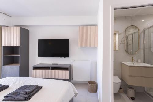 Cet appartement comprend une chambre avec un lit et une salle de bains avec une télévision. dans l'établissement 7 Pradignac by Halldis, à Cannes