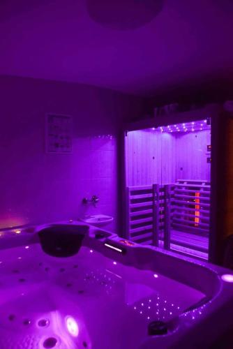 a purple room with a bath tub and a window at Kuća za odmor Olympus in Vinica