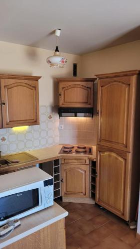 - une cuisine avec des placards en bois et un four micro-ondes dans l'établissement Studio PORTICCIO, à Porticcio