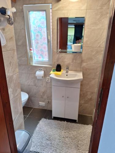 a bathroom with a sink and a mirror and a toilet at Domek letniskowy 2 os Zacisze in Międzyzdroje