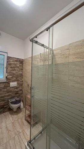 a glass shower in a bathroom with a toilet at Apartmani Nada in Pula