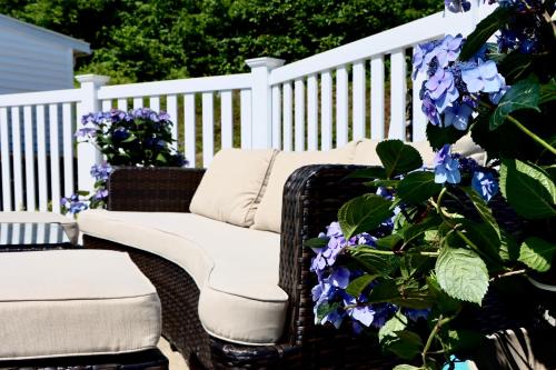 a bench sitting on a porch with purple flowers at Sea View Motel in Ogunquit