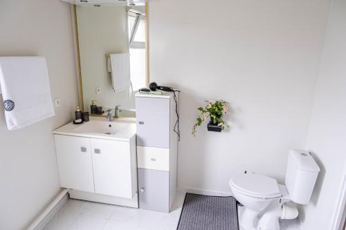 a white bathroom with a toilet and a sink at Stade de France in Aubervilliers