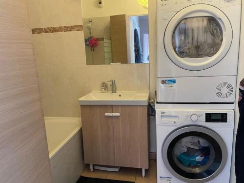 une salle de bain avec une machine à laver et un lavabo dans l'établissement JO Sweet Appartement au porte de PARIS, à Ivry-sur-Seine