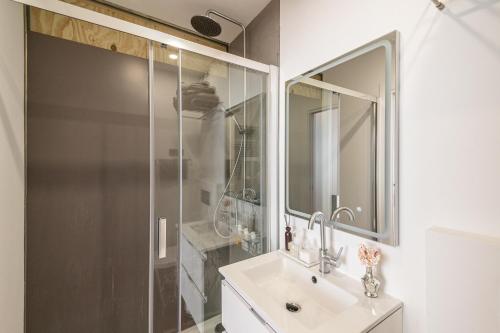 a bathroom with a sink and a shower at Apartamentos Libertad 24 in Madrid
