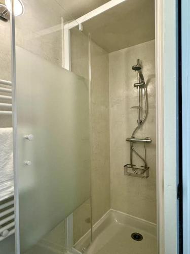 une douche avec une porte vitrée dans une salle de bain dans l'établissement Studio intra-muros, avec vélos !, à Avignon