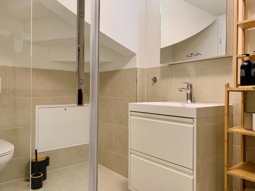 a bathroom with a sink and a toilet at Dora o wellness o mountainview o lake Lucerne in Ingenbohl