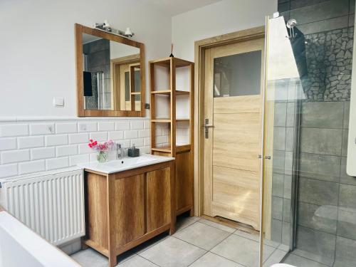 a bathroom with a sink and a shower at Dom nad jeziorem Miedwie, Zieleniewo in Zieleniewo