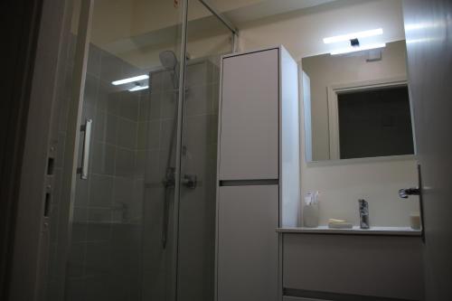 une salle de bain avec une douche, un lavabo et un miroir dans l'établissement Chez Toni, à Asnières-sur-Seine