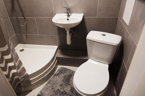 a small bathroom with a toilet and a sink at ROOMS Park in Skuodas