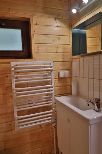 a bathroom with a white sink and a mirror at SikorQa Domek nad jeziorem in Skrzeszew