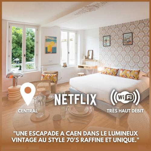 a bedroom with a bed and a room with a window at Villa Robs - Appartements tout confort, TV connectée, Haut débit, Localisation idéale - Courts séjours & Affaires in Caen