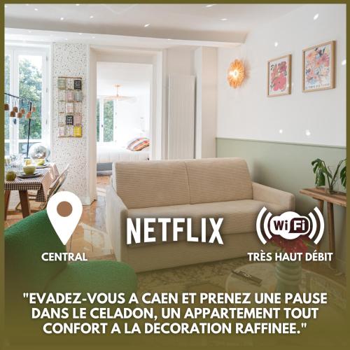 a rendering of a living room with a couch at Villa Robs - Appartements tout confort, TV connectée, Haut débit, Localisation idéale - Courts séjours & Affaires in Caen