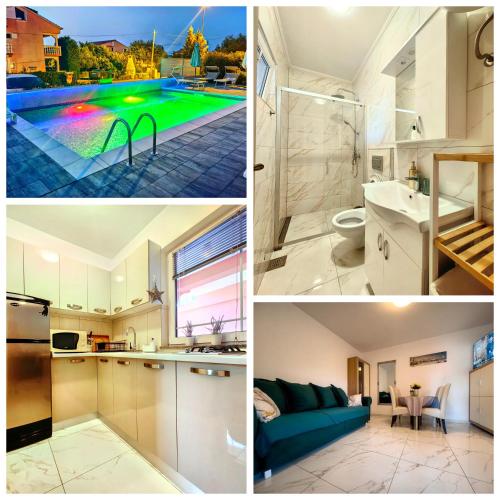a collage of pictures of a kitchen and a bathroom at Apartments Lea with pool 2 in Malinska