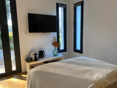 a bedroom with a bed with a tv and windows at La belle vue in Cuers