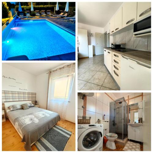 a collage of pictures of a kitchen and a swimming pool at Apartments Lea with pool in Malinska