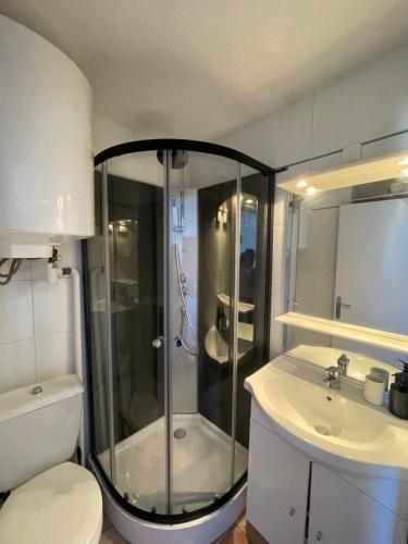 ein Badezimmer mit Dusche, Toilette und Waschbecken in der Unterkunft Capstay studio Barcarès in Le Barcarès