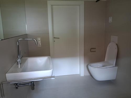 a white bathroom with a sink and a toilet at Ferienhaus Himmelreich in Kaisersdorf