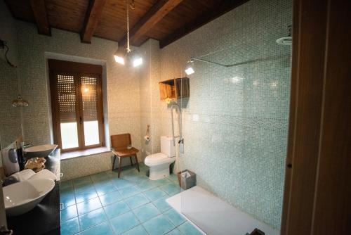 a bathroom with a shower and a toilet and a sink at Villas de Miranda in Miranda de Azán