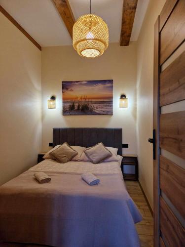 a bedroom with a bed and a chandelier at Apartament MILKA 2 in Tolkmicko