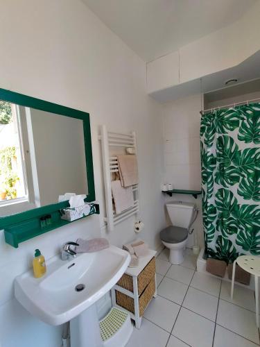 une salle de bain avec un lavabo, des toilettes et un miroir dans l'établissement La Maison Chaudenay, à Chaudenay