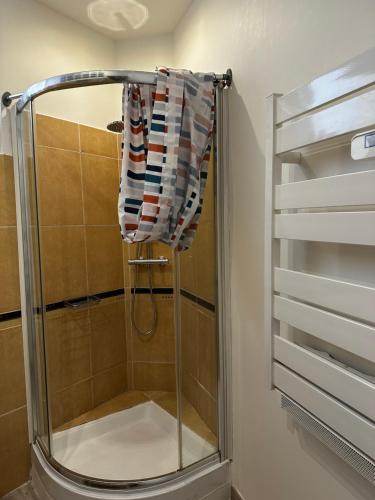 une douche avec une porte vitrée dans une salle de bain dans l'établissement Au Kouka home, à Cannes