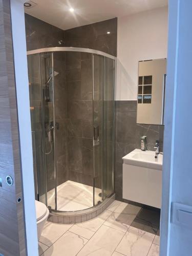 une salle de bain avec une douche, des toilettes et un lavabo dans l'établissement Choose to be central !, à Cannes