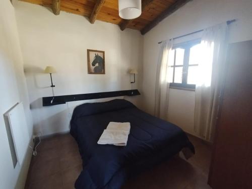 a bedroom with a blue bed and a window at Casas HG-Acepta mascotas-Desayuno sencillo-Pileta climatizada en predio a 2 kilómetros in Huerta Grande
