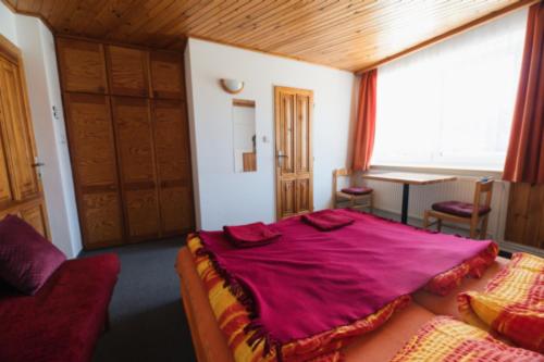 a bedroom with a bed with a pink blanket on it at Penzion BAVI in Kotvrdovice