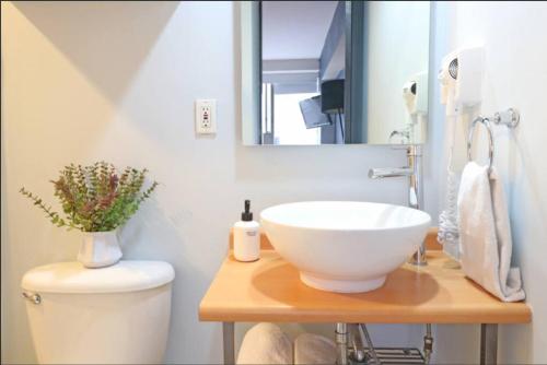 a bathroom with a sink and a toilet and a mirror at DOWNTOWN APT Pool & Gym in Mexico City