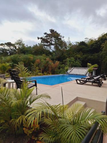 a swimming pool with two picnic tables and trees at Royal River Suites & Spa Aparthotel in Mindo